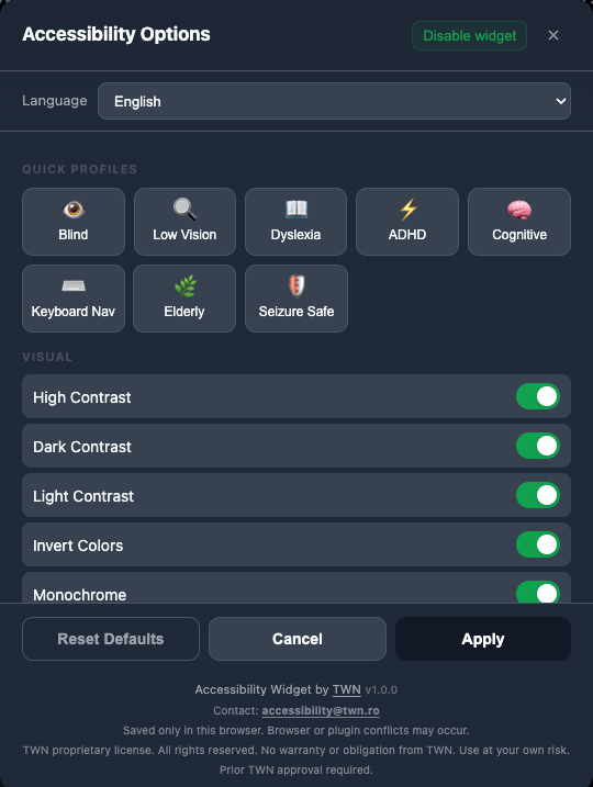 Accessibility popup with active profiles and visual options